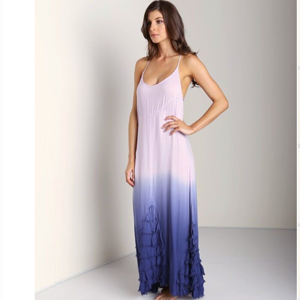 Free People XS Hazy Days Maxi Slip Dress Ombre Sexy Purple Boho Ruffle Coquette